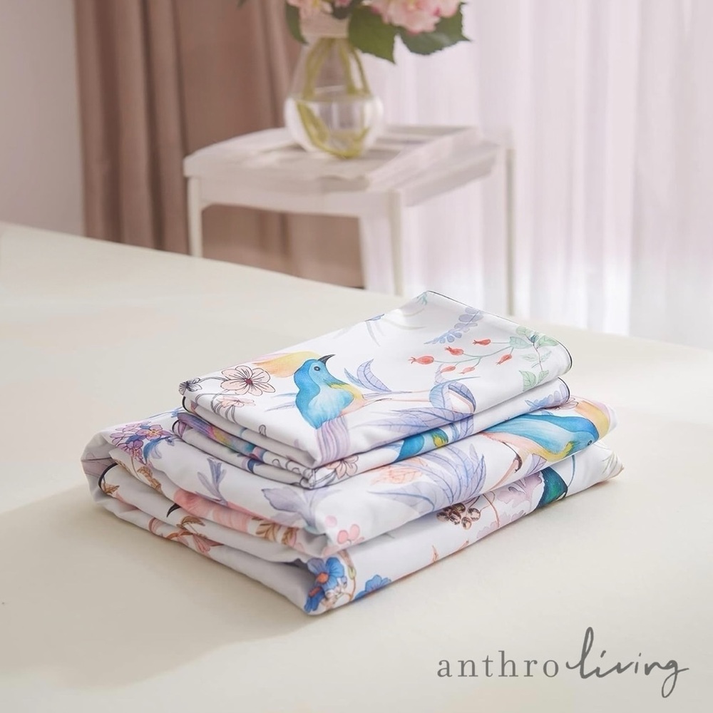 NEW Anthro Purple Floral Bird Boho Cotton Queen / King Bedding Duvet & Sham Set - Picture 8 of 13